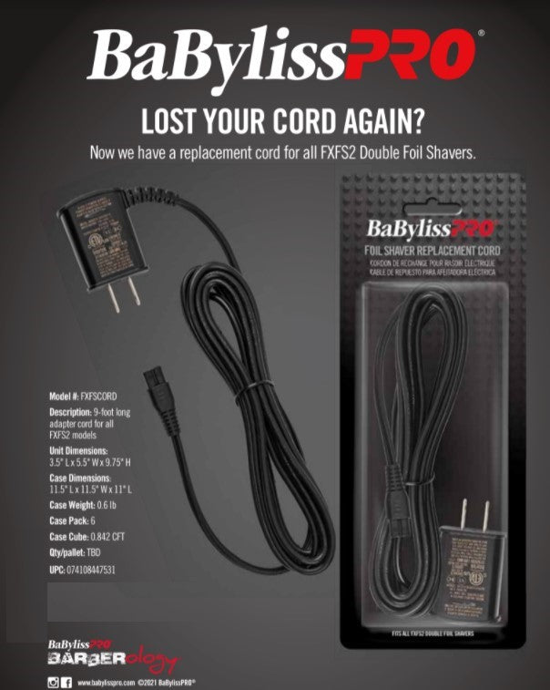 BabylissPro foil Shaver Replacement Power Cord # FXFSCORD– Palms